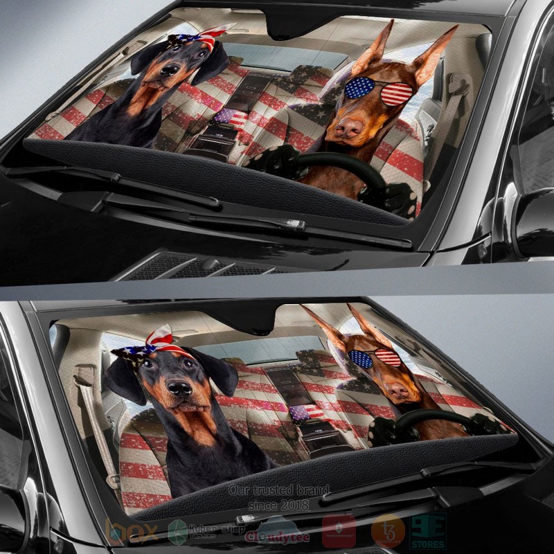 Doberman Pinscher American Flag Independence Day Car Sun Shade 1