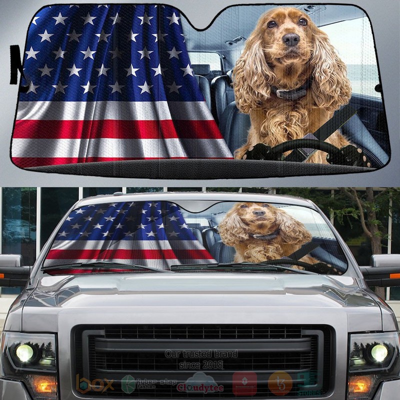 English Cocker Spaniel And American Flag Independent Day Car Sun Shade