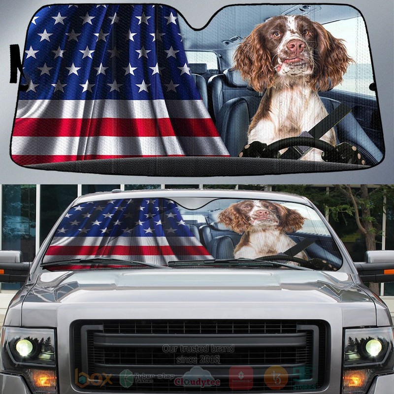 English Springer Spaniel And American Flag Independent Day Car Sun Shade