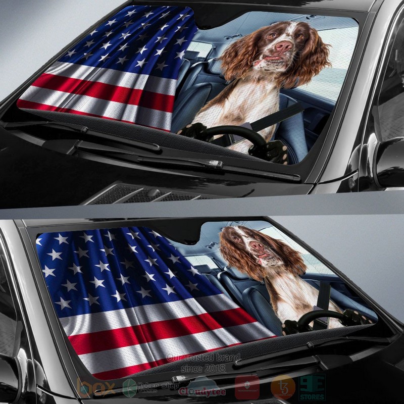 English Springer Spaniel And American Flag Independent Day Car Sun Shade 1