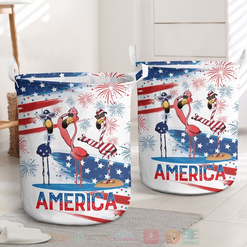 Flamingos America Independence Day Laundry Basket