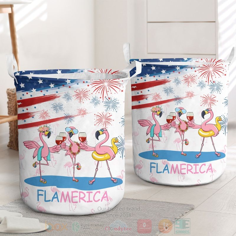 Flamingos Flamerica Drinkings US Independence Day Laundry Basket