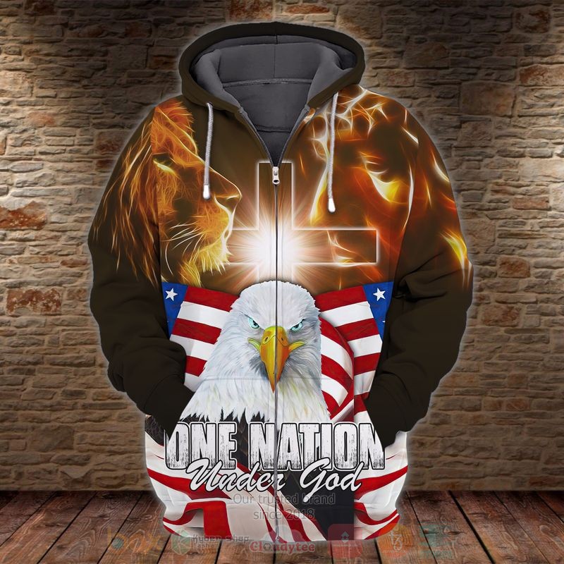 God Lion Eagle One Nation Under God 3D Zip Hoodie