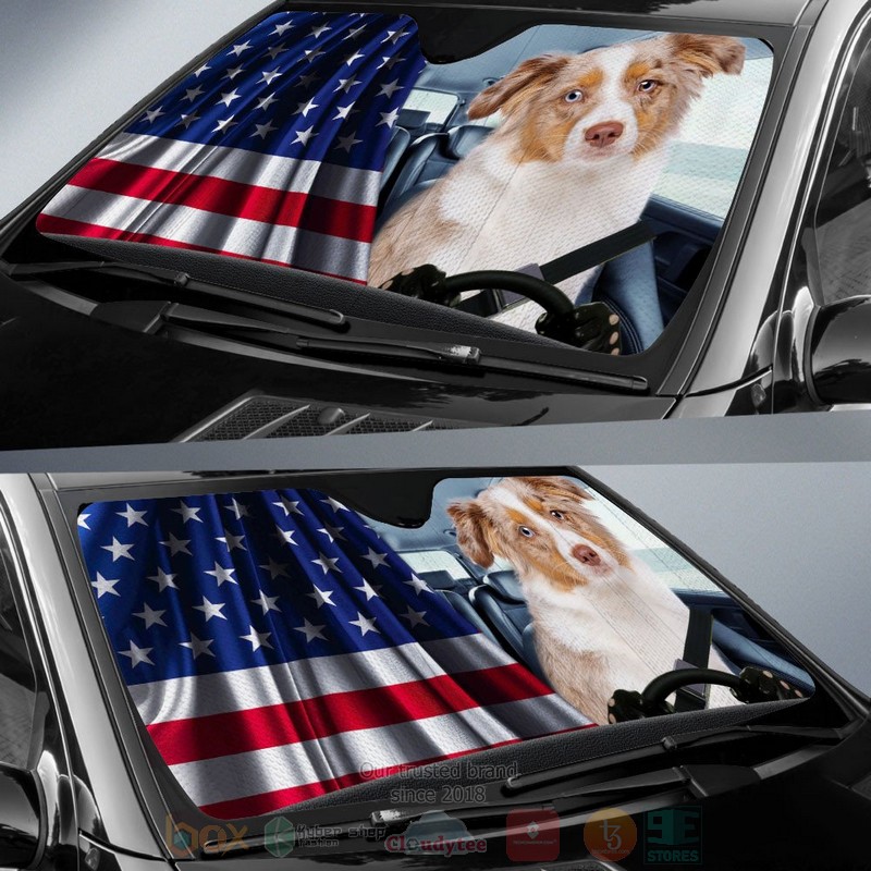 Miniature American Shepherd And American Flag Independent Day Car Sun Shade 1