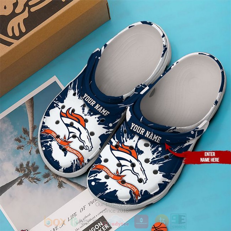 NFL Denver Broncos Custom Name Navy White Crocband Crocs Clog Shoes 1