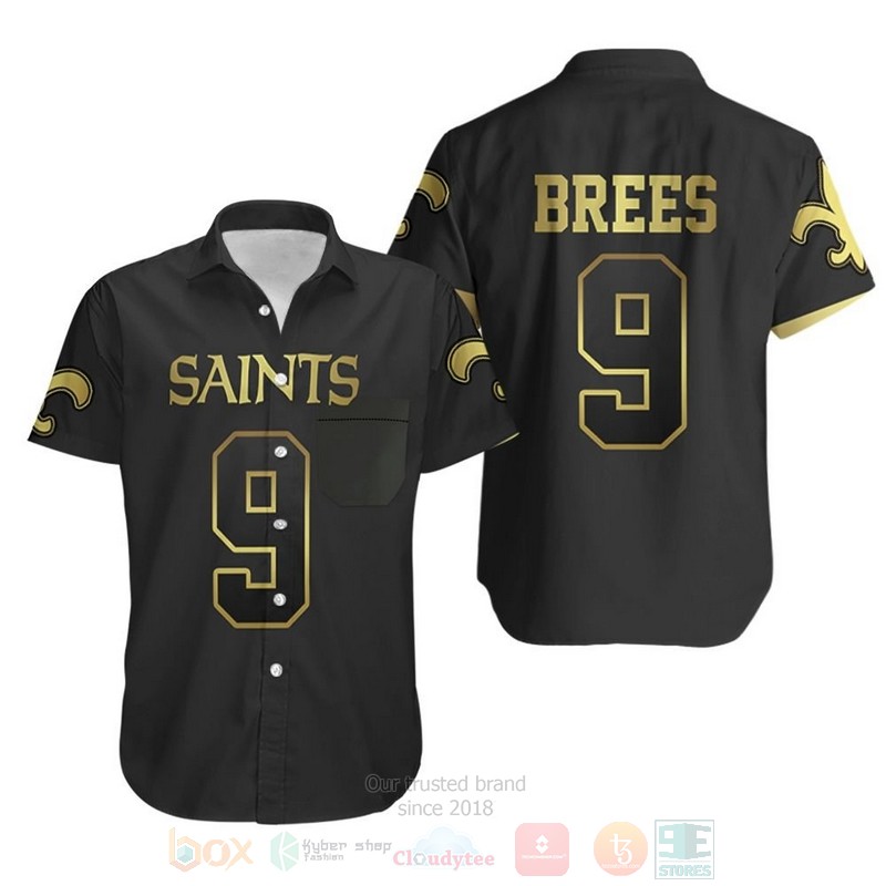 NFL New Orleans Saints 9 Drew Brees Black Golden Hawaiian Shirt