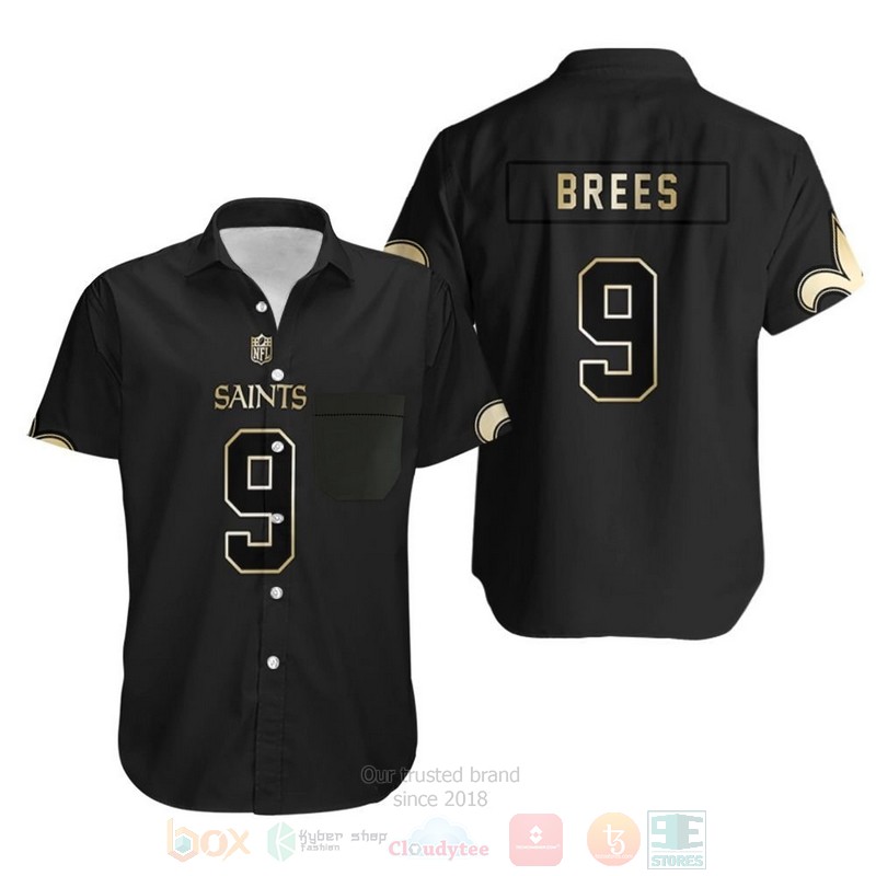 NFL New Orleans Saints 9 Drew Brees Black Golden Mens Hawaiian Shirt