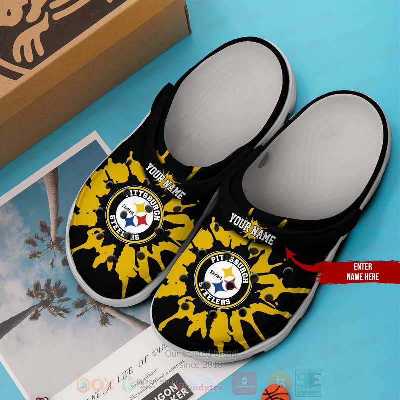 NFL Pittsburgh Steelers Custom Name Black Pattern Crocband Crocs Clog Shoes 1