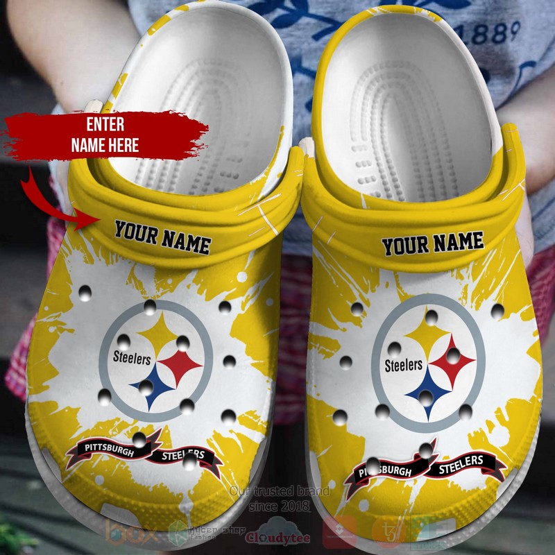 NFL Pittsburgh Steelers Custom Name White Yellows Crocband Crocs Clog Shoes