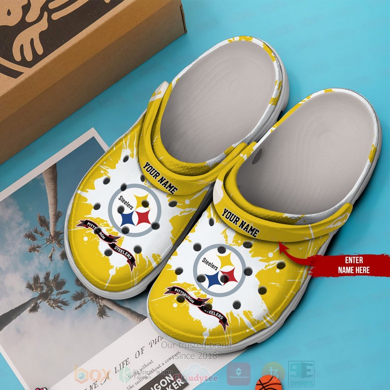 NFL Pittsburgh Steelers Custom Name White Yellows Crocband Crocs Clog Shoes 1