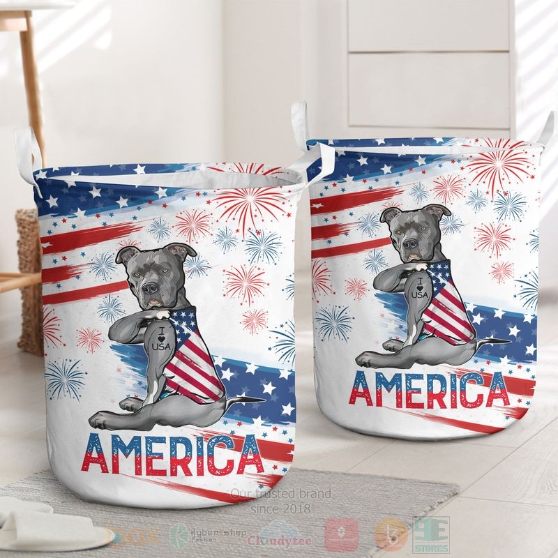 Pitbull I Love USA Tattoo America Independence Day Laundry Basket