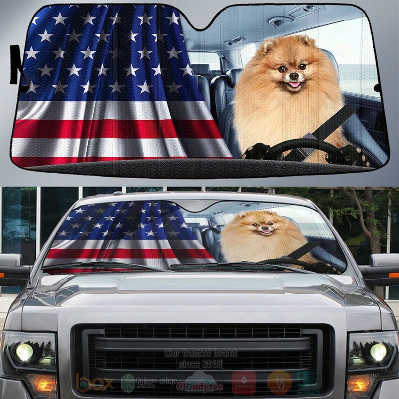 Pomeranian And American Flag Independent Day Car Sun Shade