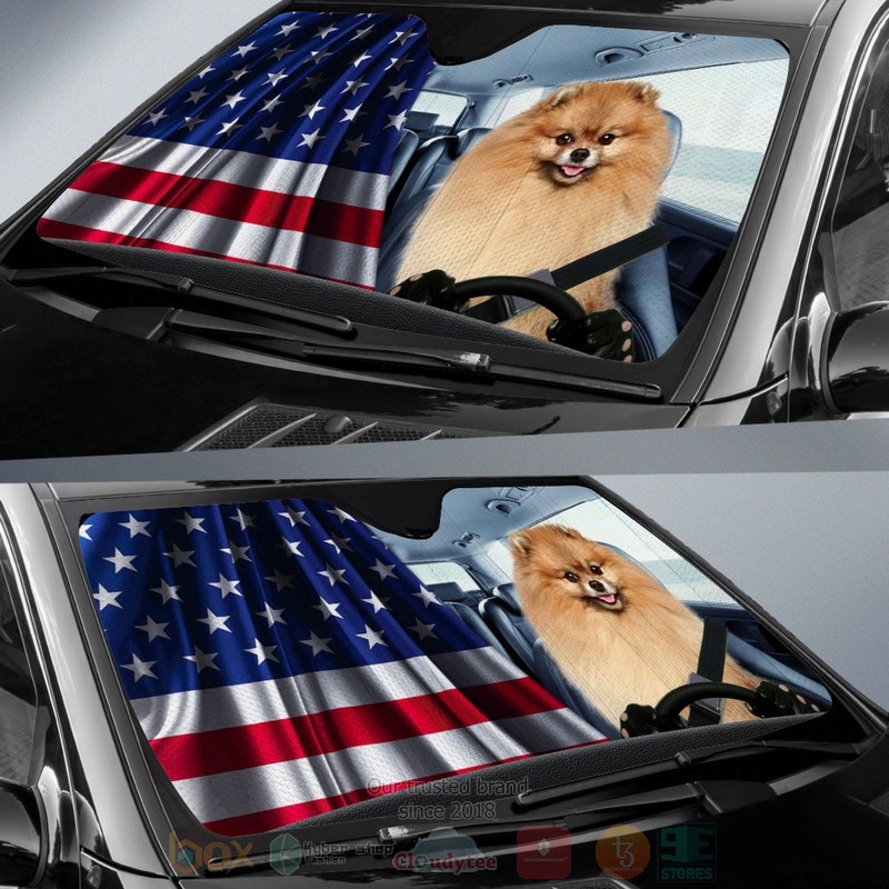 Pomeranian And American Flag Independent Day Car Sun Shade 1
