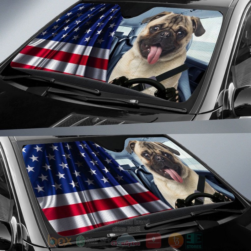 Pug And American Flag Independent Day Car Sun Shade 1