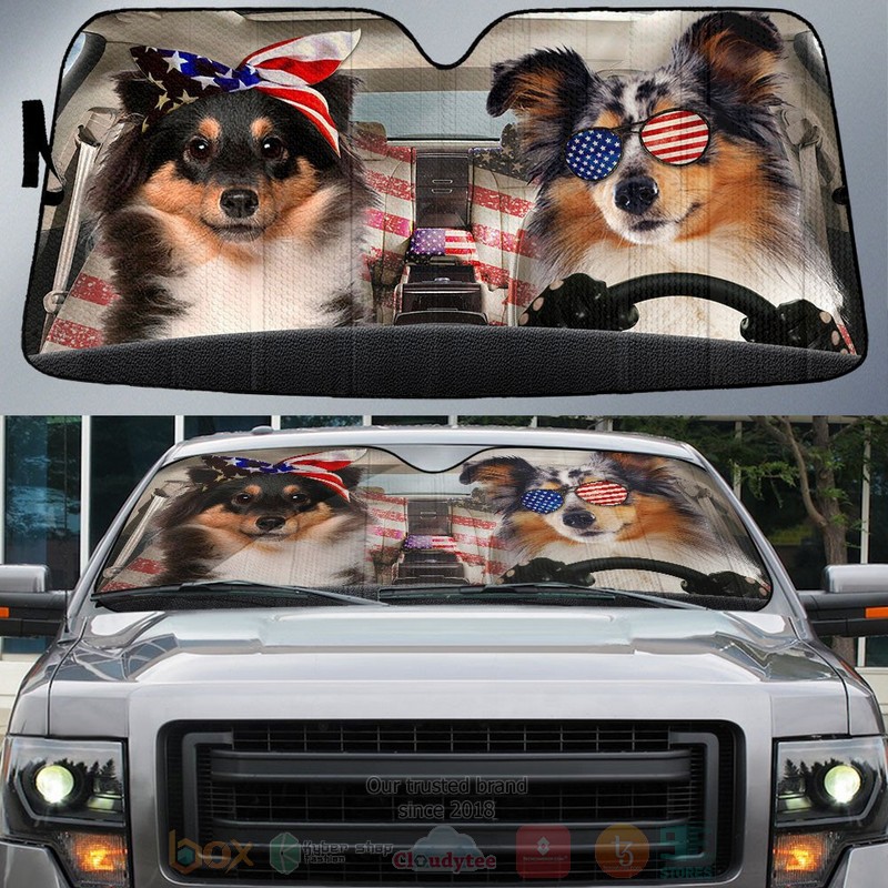Shetland Sheepdog American Flag Independence Day Car Sun Shade