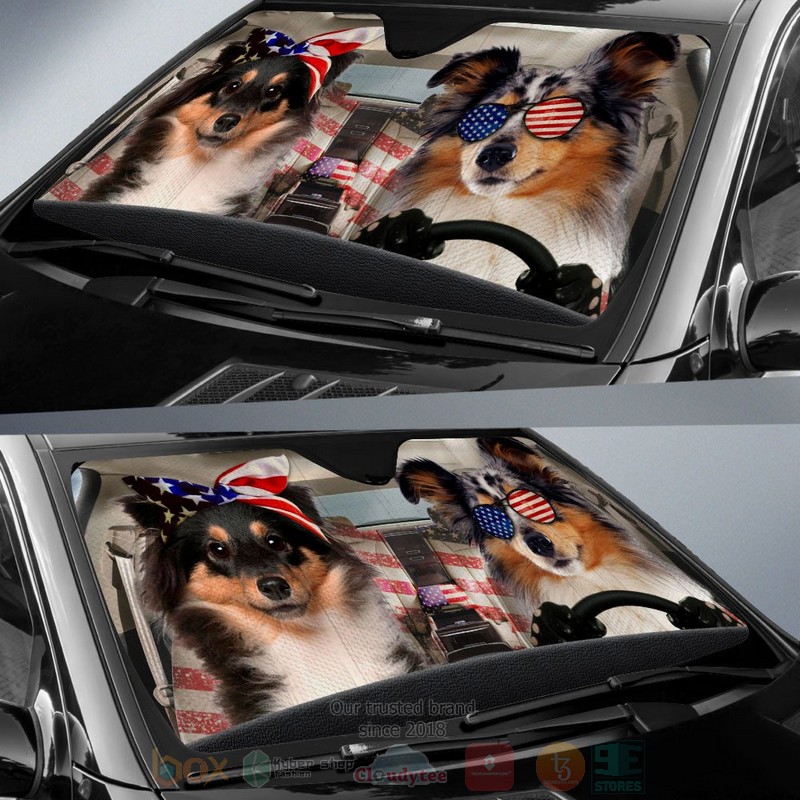 Shetland Sheepdog American Flag Independence Day Car Sun Shade 1