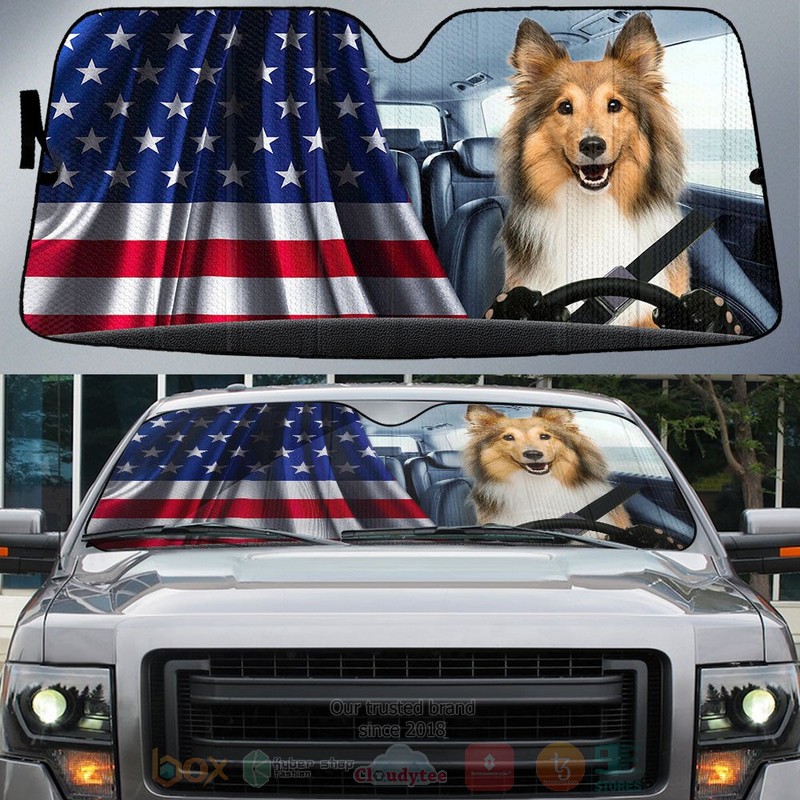 Shetland Sheepdog And American Flag Independent Day Car Sun Shade