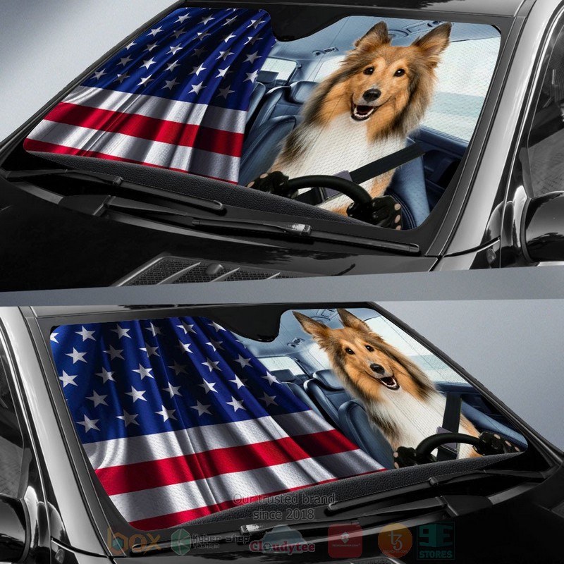 Shetland Sheepdog And American Flag Independent Day Car Sun Shade 1
