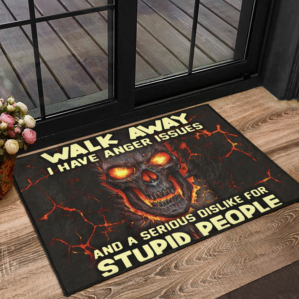 Walk away I have anger issues and a serious dislike for stupid people Skull flame Doormat 1