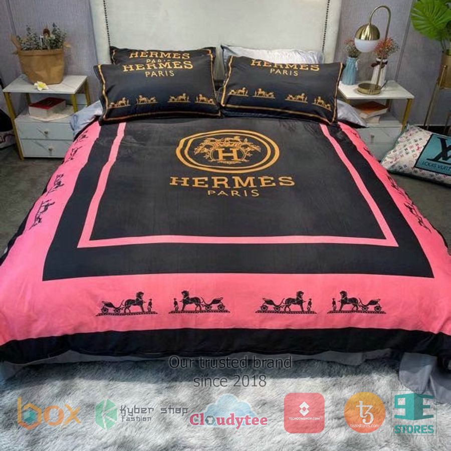 hermes paris black pink horse bedding set 1 43100