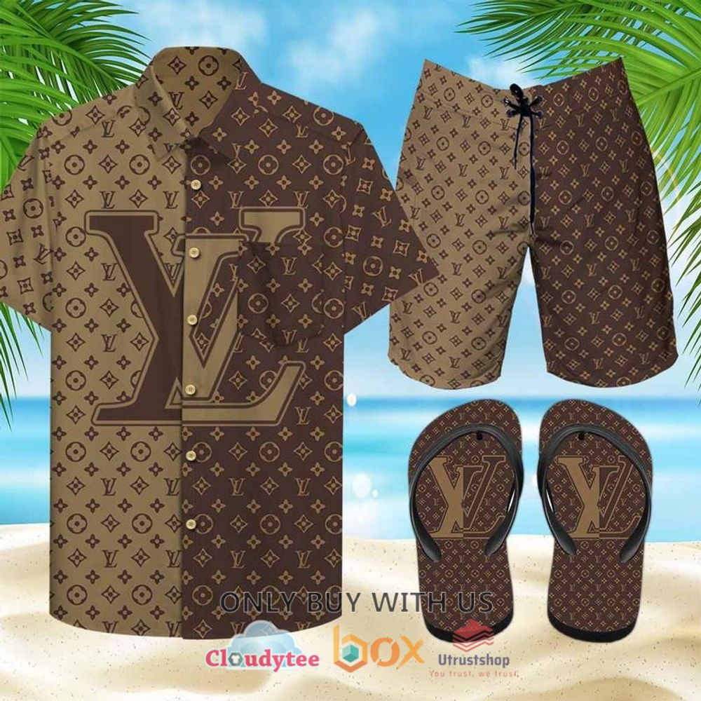 louis vuitton brown pattern hawaiian shirt short flip flops 1 40172