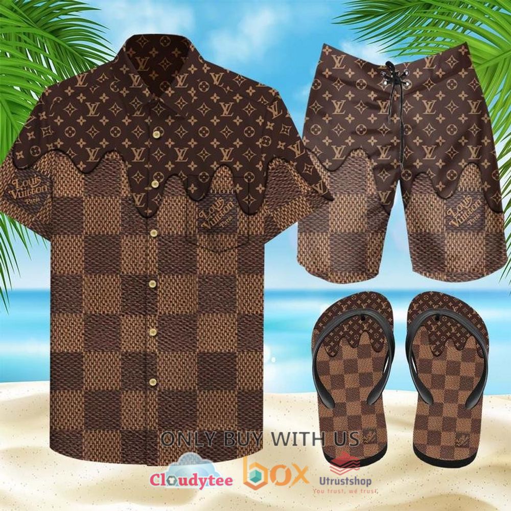 louis vuitton paris damier brown hawaiian shirt short flip flops 1 46722