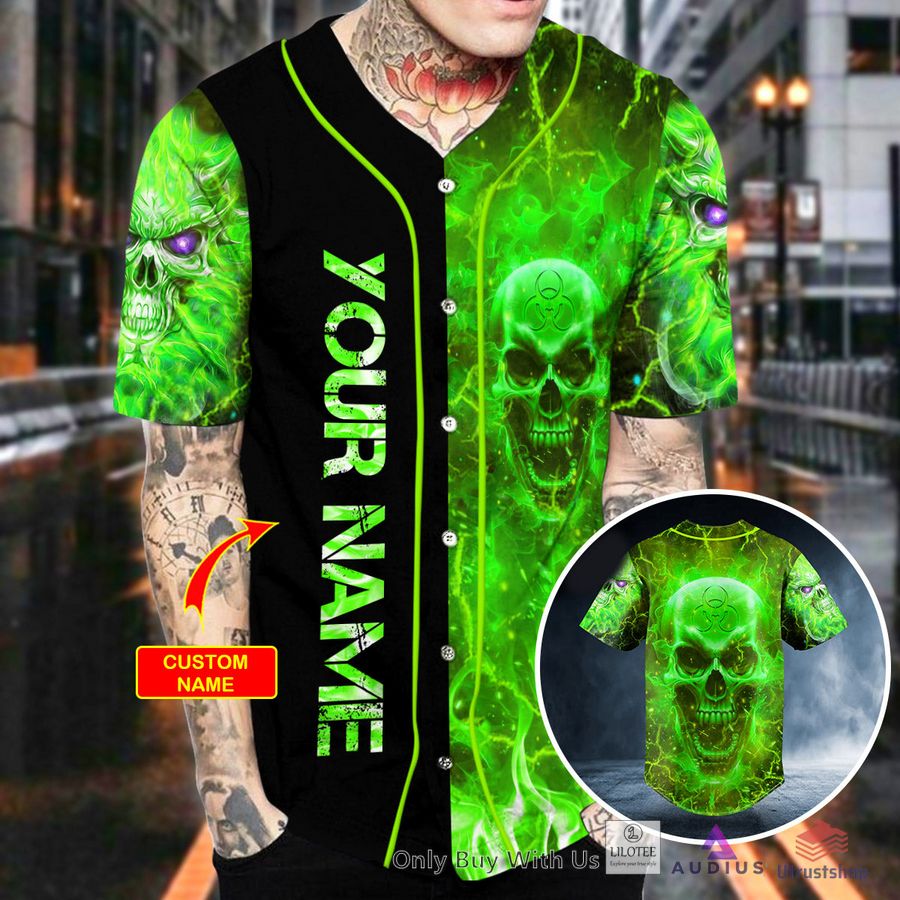 biohazard green fire skull custom baseball jersey 2 58217