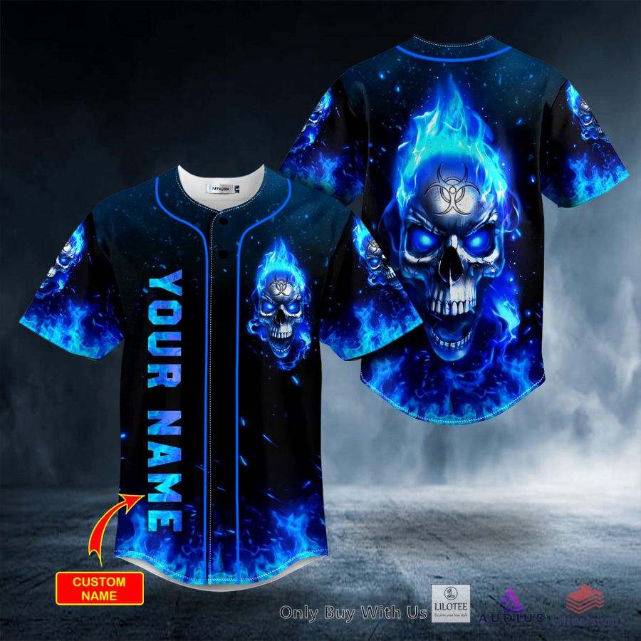 blue flaming biohazard tribal metal skull custom baseball jersey 1 60637