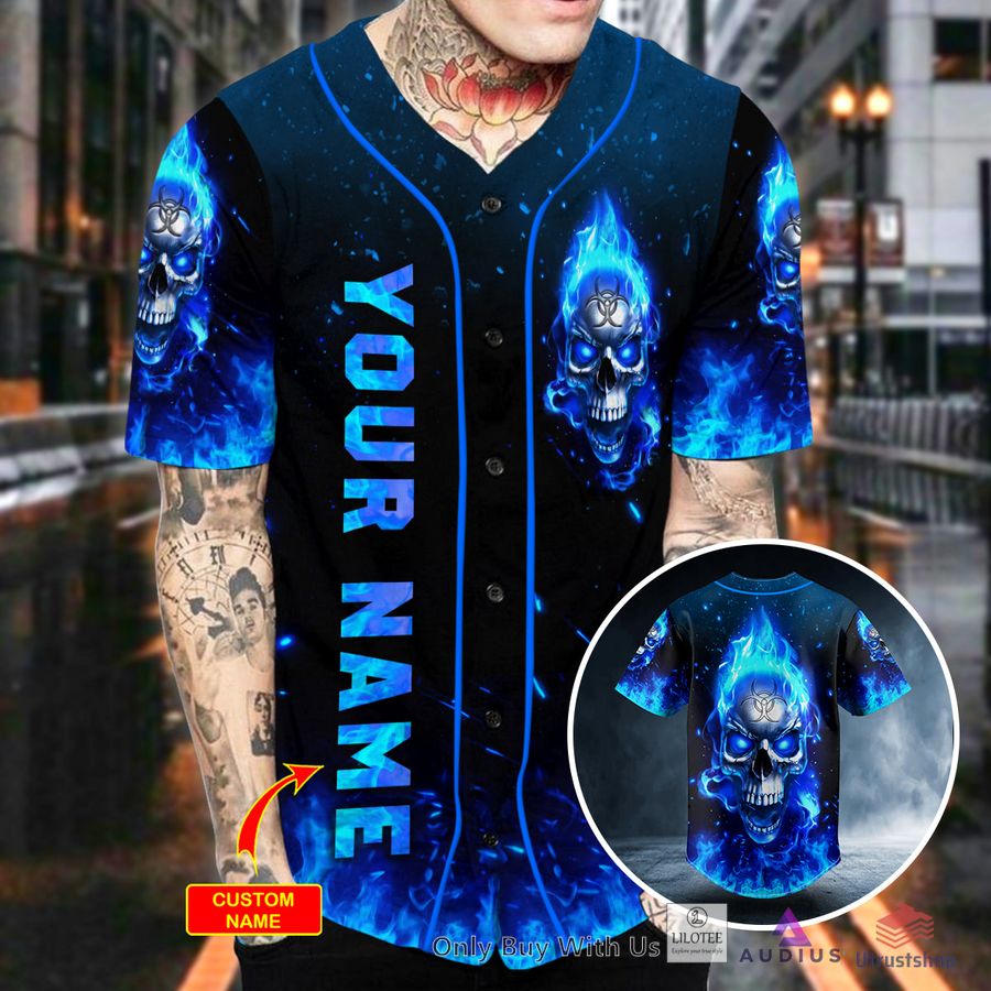 blue flaming biohazard tribal metal skull custom baseball jersey 2 20635