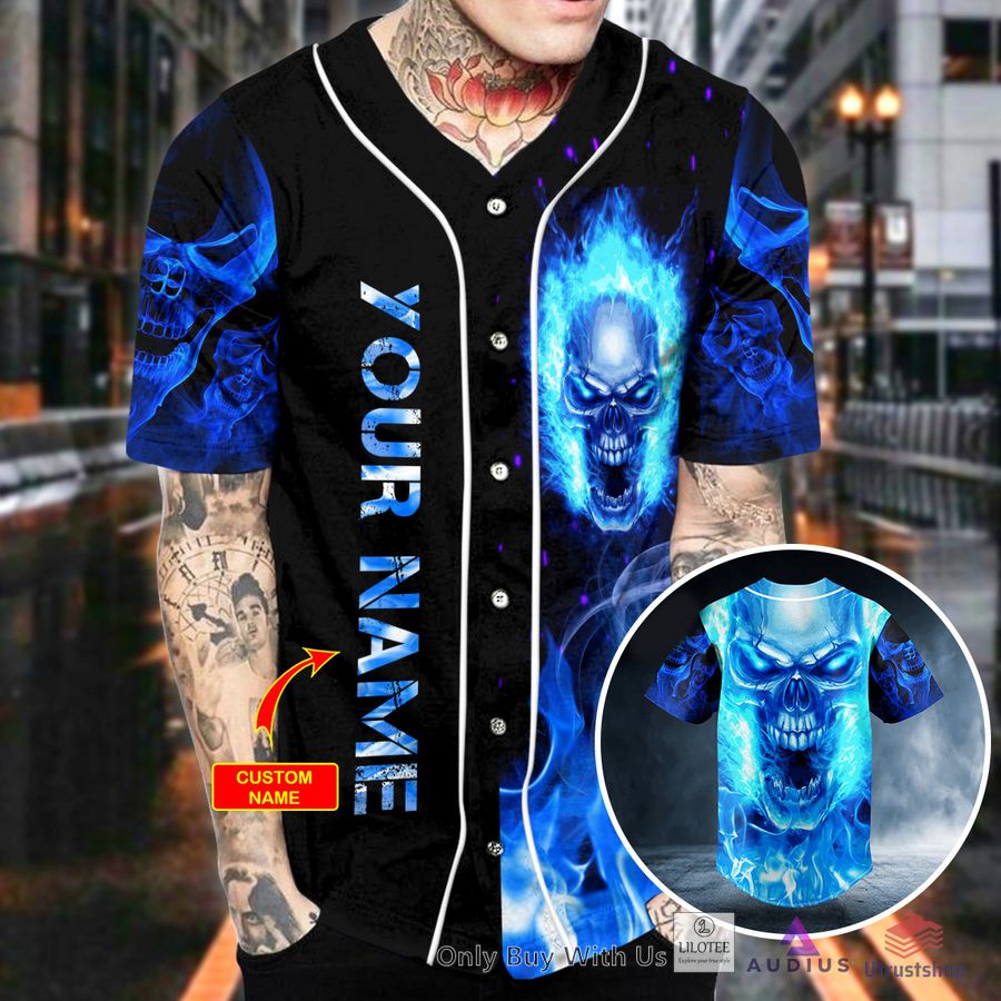 blue flaming skull custom baseball jersey 2 43370