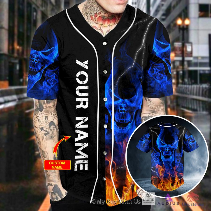 blue smoke skeleton fire skull custom baseball jersey 2 47677