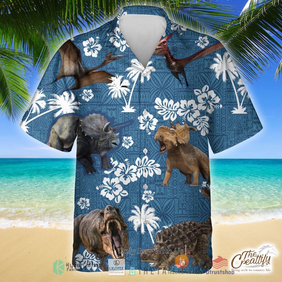 dinosaur blue tribal pattern hawaiian shirt 1 46468