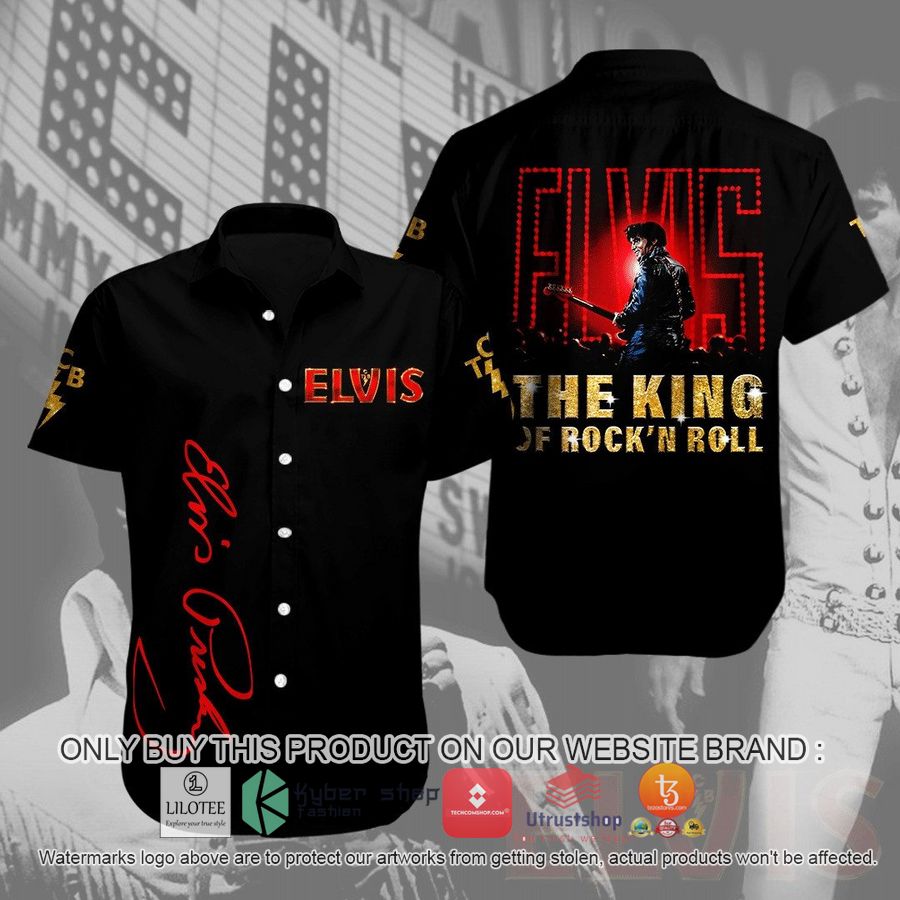 elvis presley the king of rock n roll gold black hawaiian shirt 1 8983