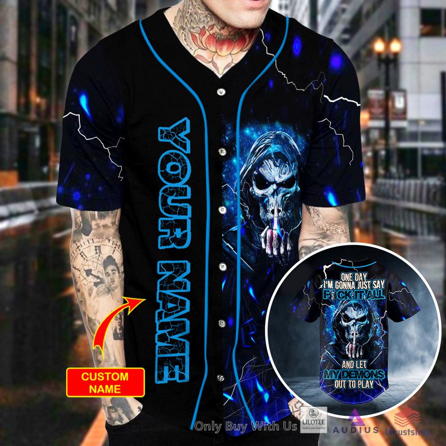 f it all middle finger grim reaper blue lightning skull custom baseball jersey 2 16198