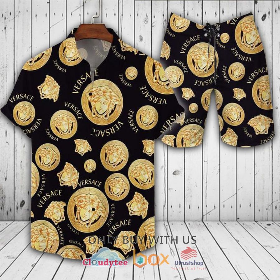 gianni versace medusa pattern yellow hawaiian shirt short 1 44889