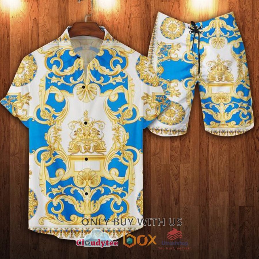 gianni versace pattern blue white hawaiian shirt short 1 83289