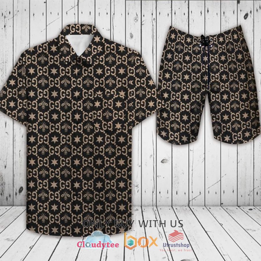 gucci bee star black pattern hawaiian shirt short 1 71895