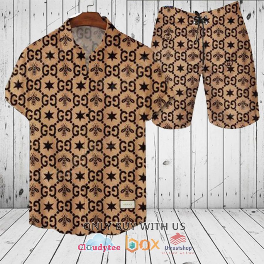 gucci bee star pattern hawaiian shirt short 1 25904