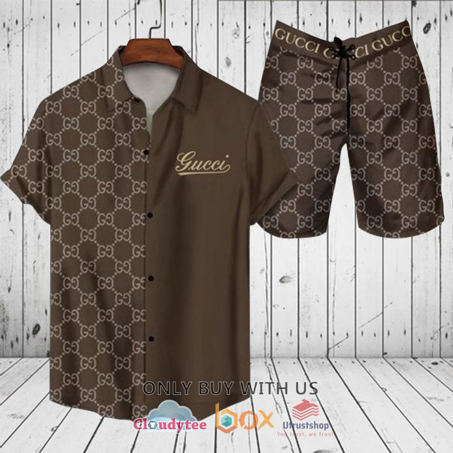 gucci dark brown pattern hawaiian shirt short 1 92021