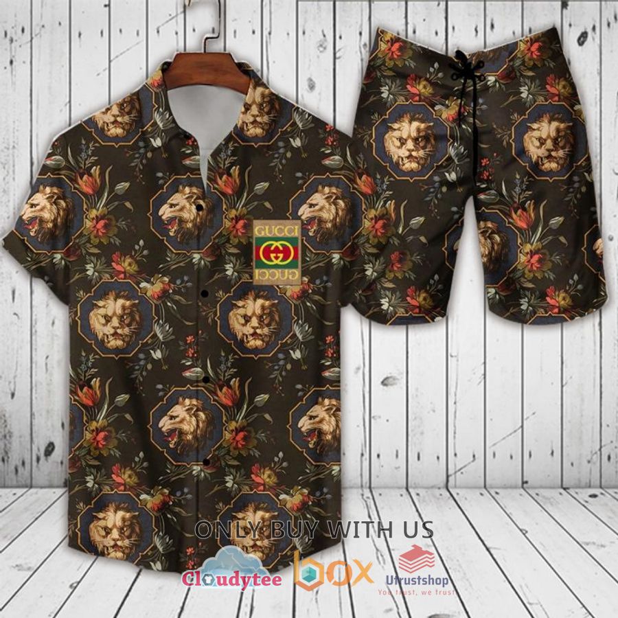 gucci lion flower black hawaiian shirt short 1 15107
