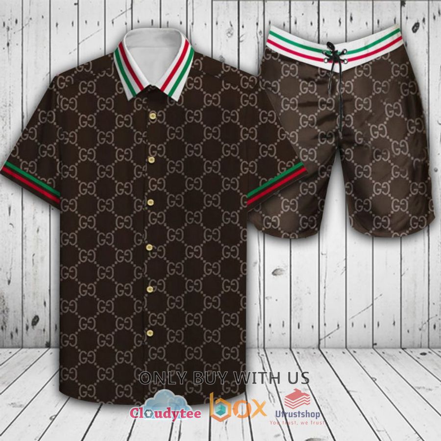 gucci pattern dark brown hawaiian shirt short 1 4053