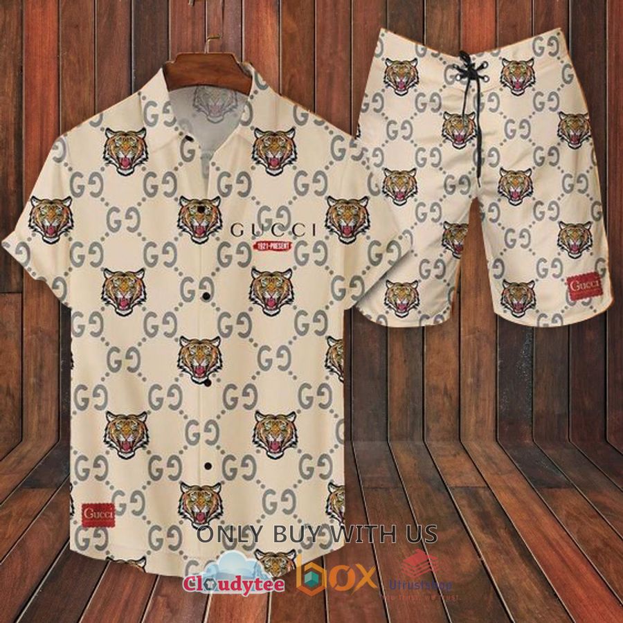 gucci tiger cream pattern color hawaiian shirt short 1 42536