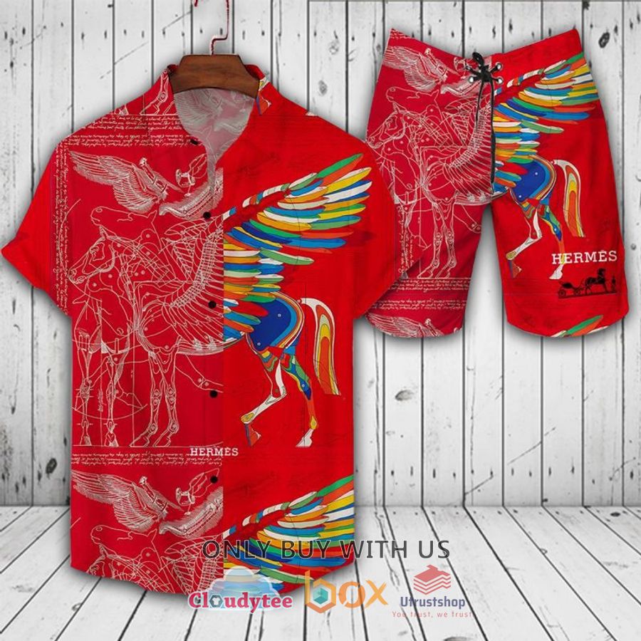 hermes horse pattern red hawaiian shirt short 1 2233