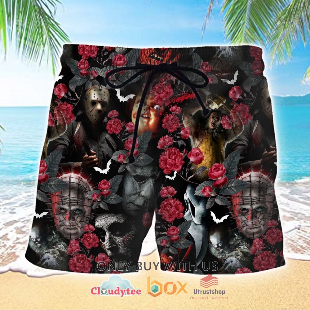 horror friends flower pattern beach shorts 1 28695