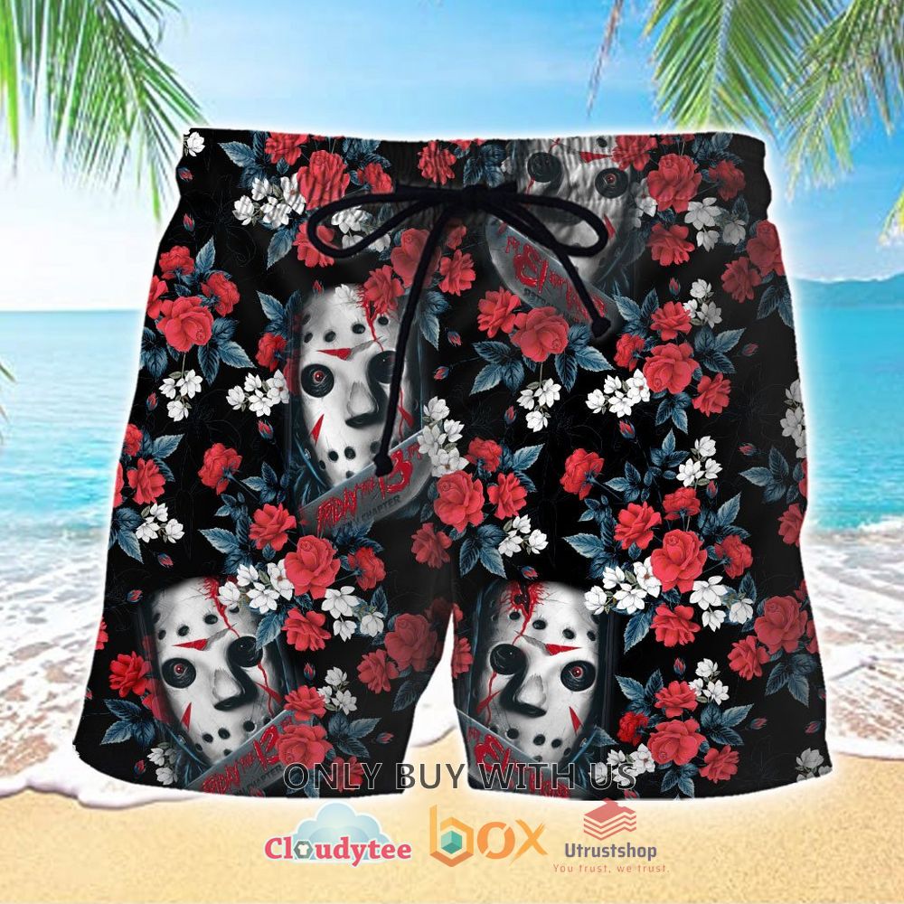 jason voorhees flower pattern beach shorts 1 68647