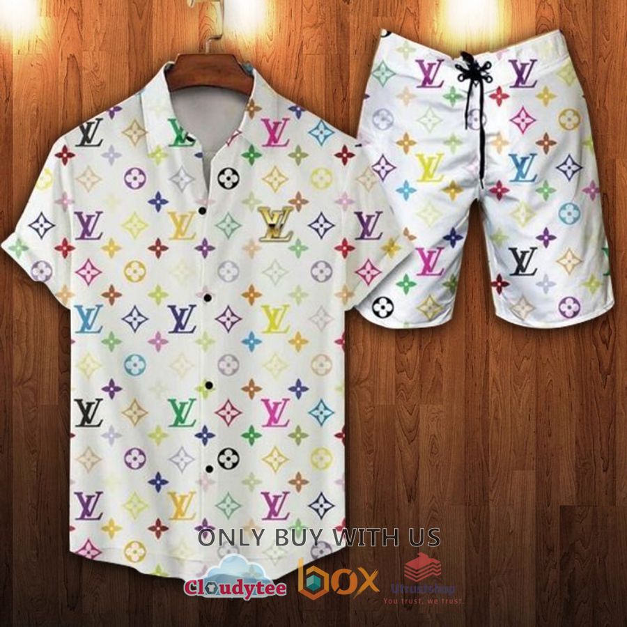louis vuitton cream logo pattern hawaiian shirt short 1 82104