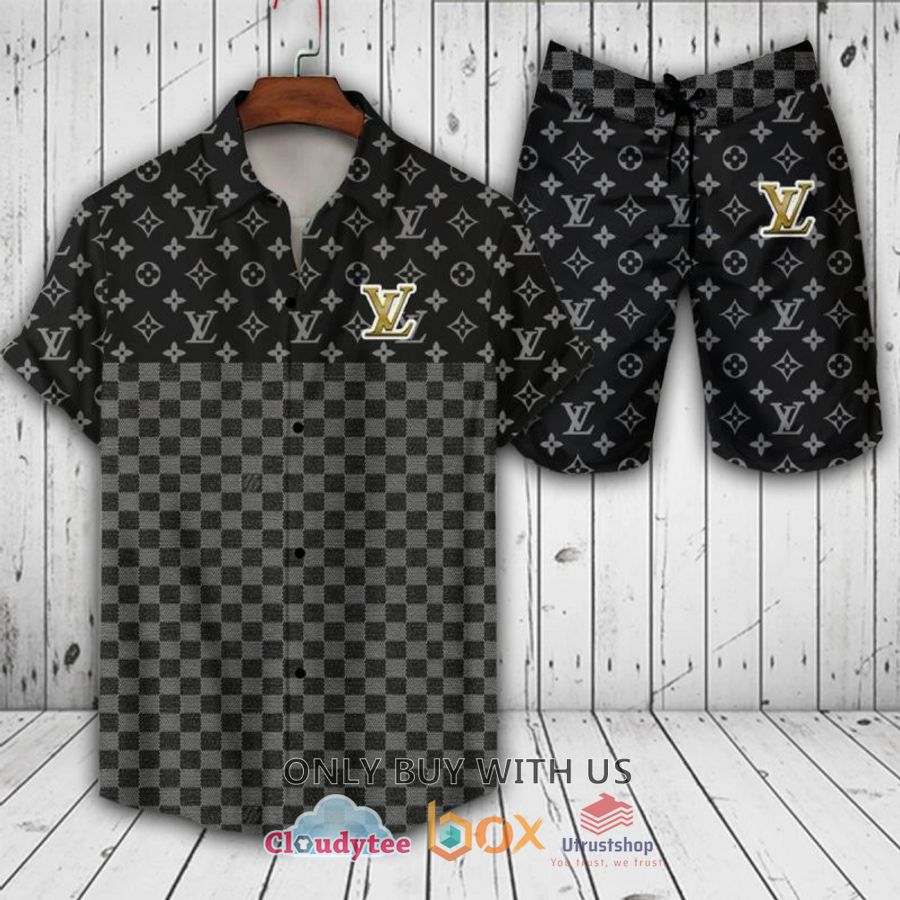 louis vuitton pattern caro black grey hawaiian shirt short 1 43555