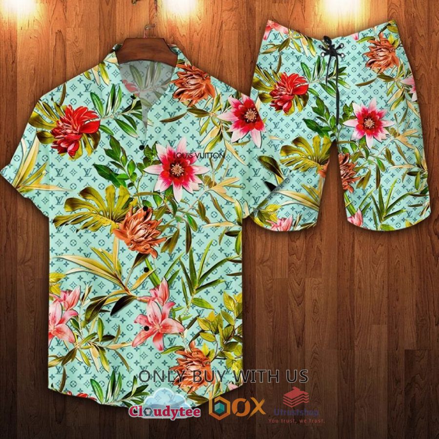 louis vuitton pattern flower light green hawaiian shirt short 1 81764