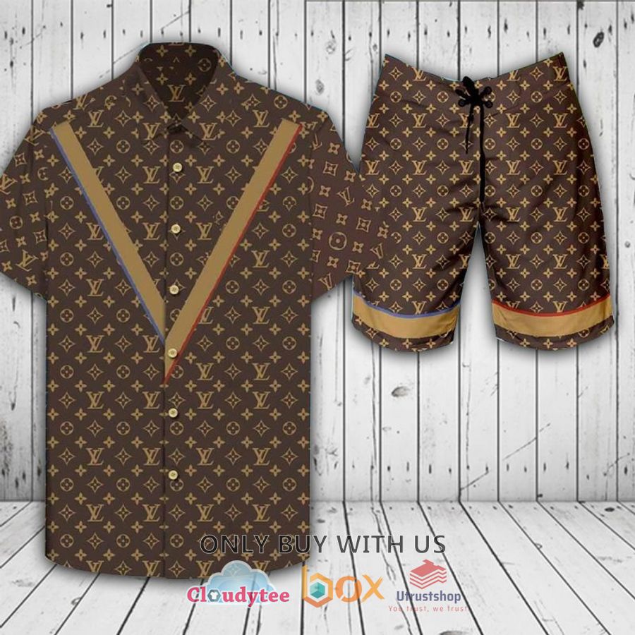 louis vuitton pattern logo brown color hawaiian shirt short 1 76503