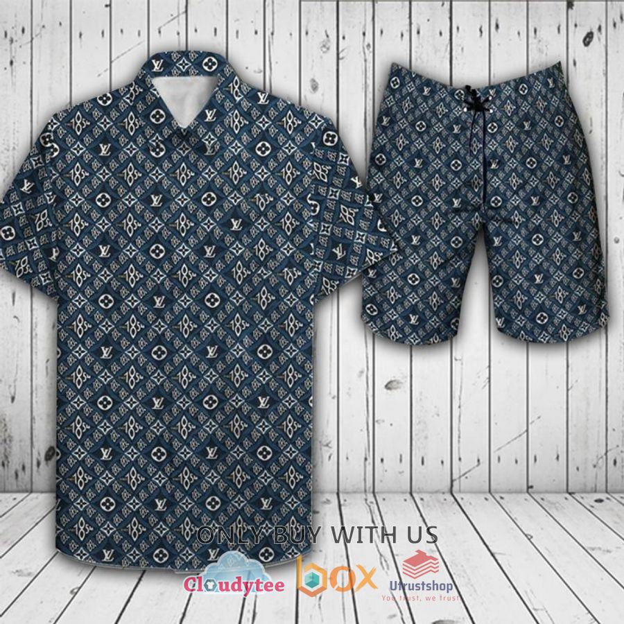 louis vuitton pattern logo navy hawaiian shirt short 1 18814